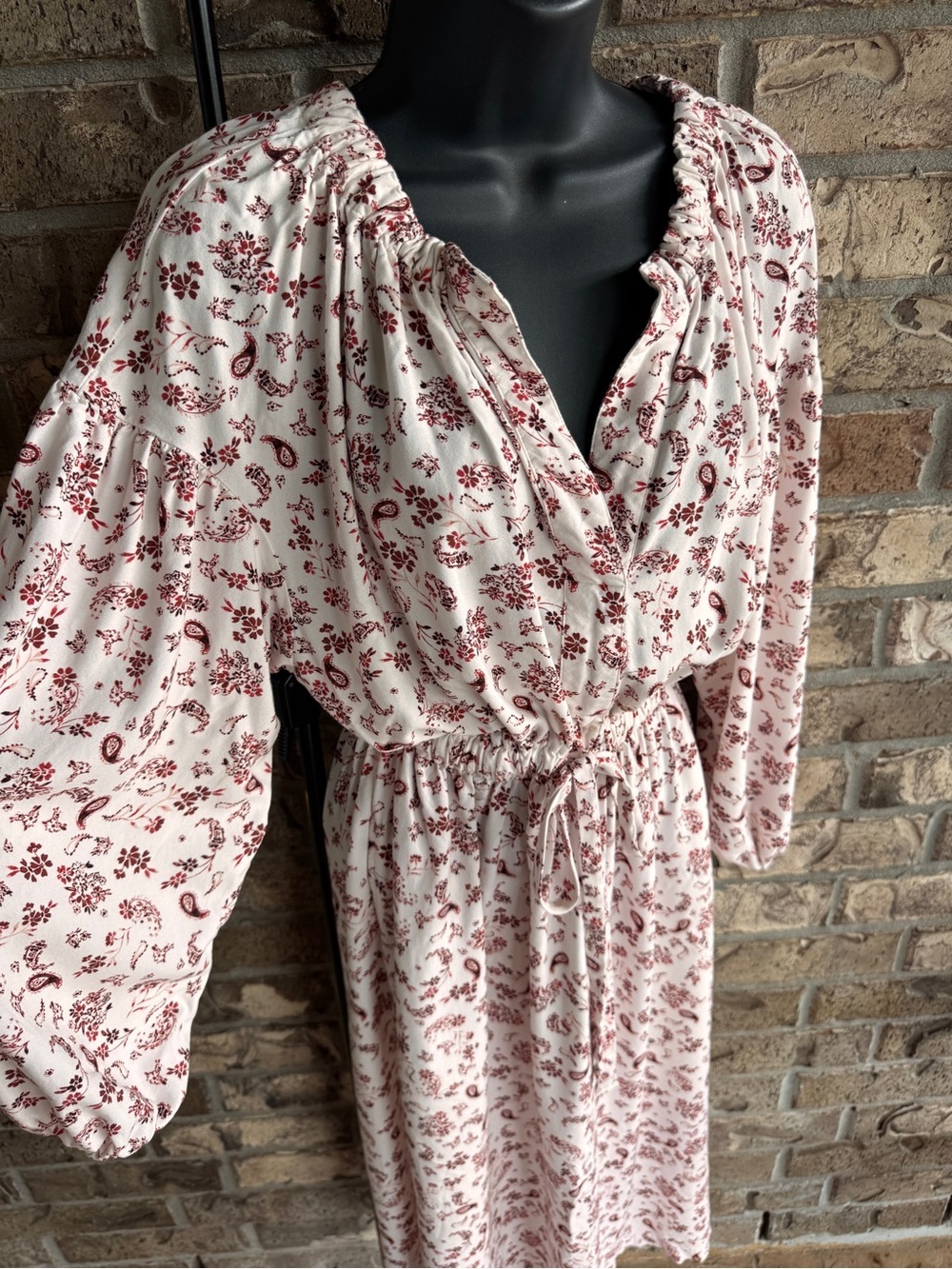 Xirena Salma Cinch Midi Dress S Cream Red Paisley Long Sleeve Rayon Boho - Picture 6 of 14